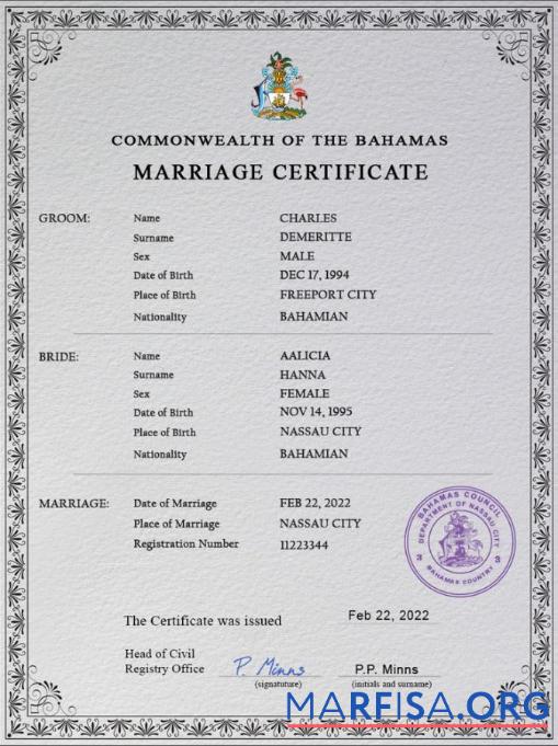 Printable Bahamas marriage certificate PSD template